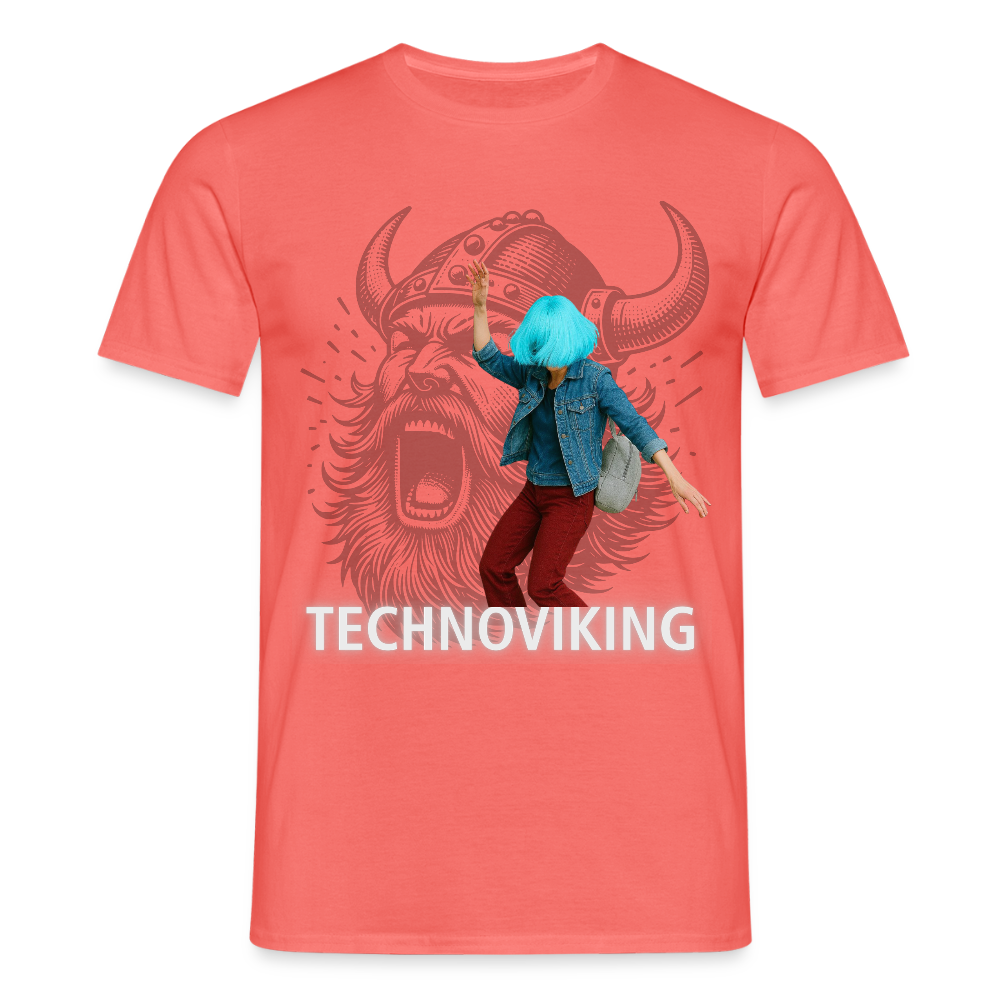 Technoviking protects blue haired girl - Männer T-Shirt - Koralle