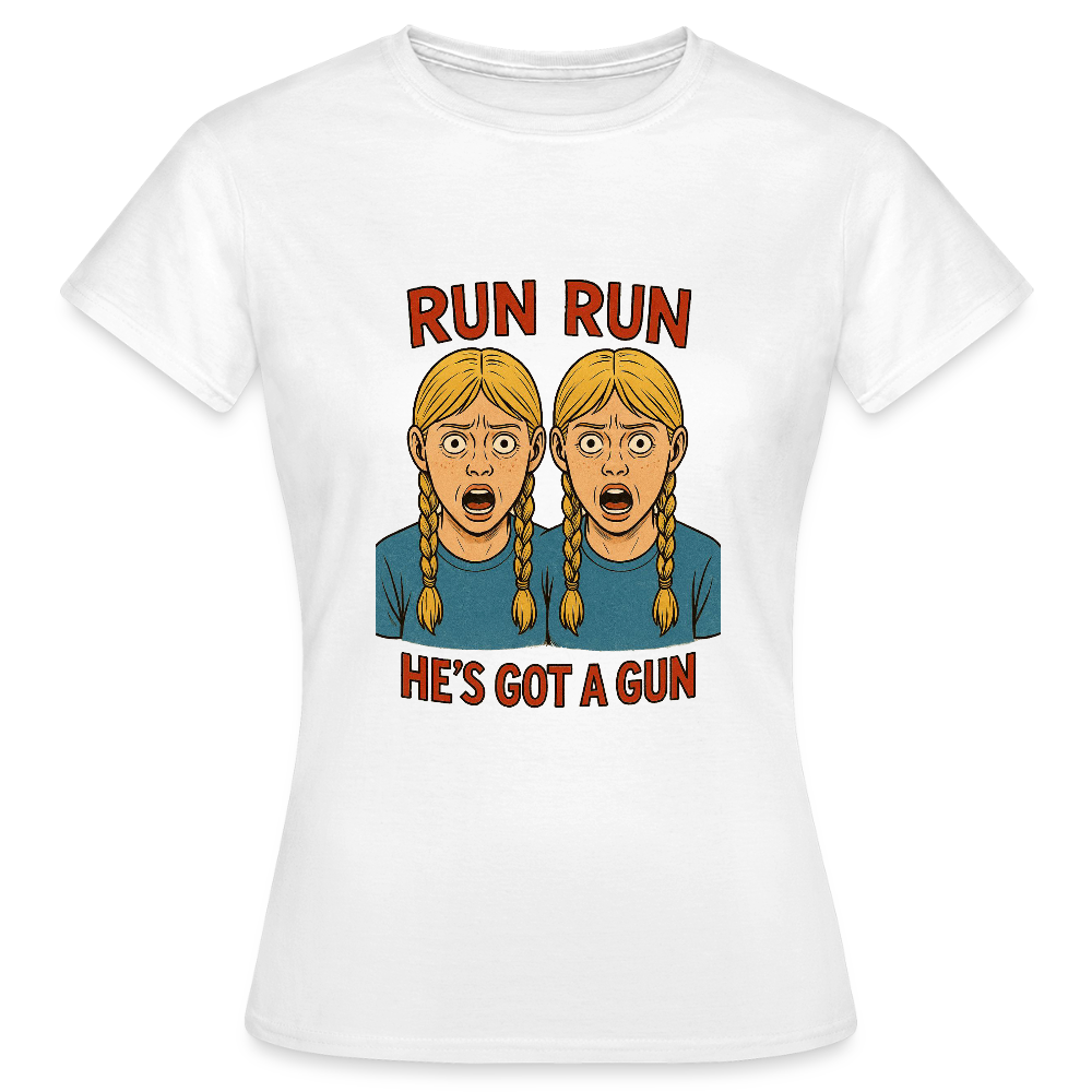 Zwillinge - run he´s got a gun - Frauen T-Shirt - Weiß