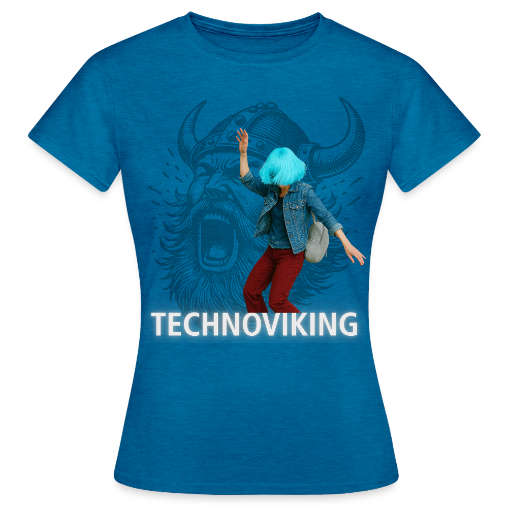 Technoviking protects blue haired girl - Frauen T-Shirt - Antikblaues Saphir meliert
