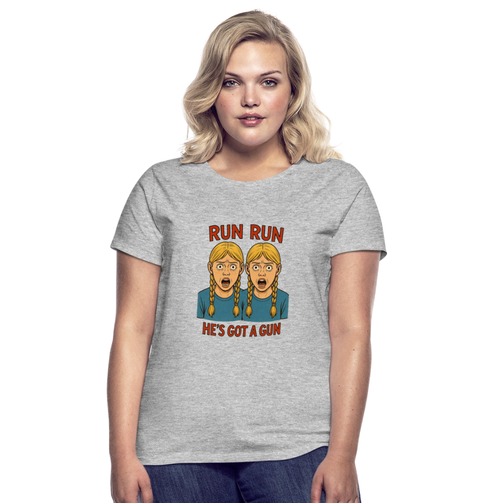 Zwillinge - run he´s got a gun - Frauen T-Shirt - Grau meliert
