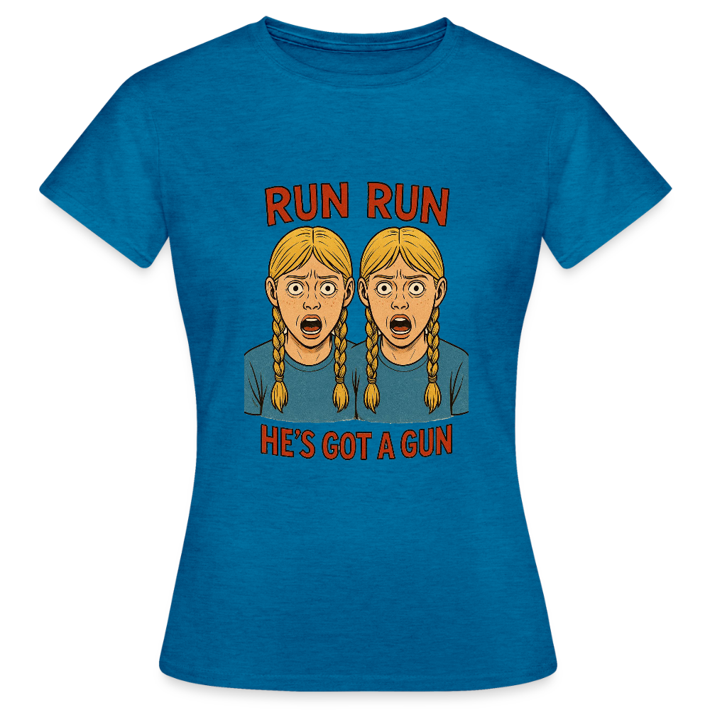 Zwillinge - run he´s got a gun - Frauen T-Shirt - Antikblaues Saphir meliert