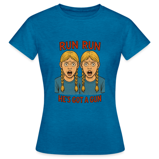 Zwillinge - run he´s got a gun - Frauen T-Shirt - Antikblaues Saphir meliert