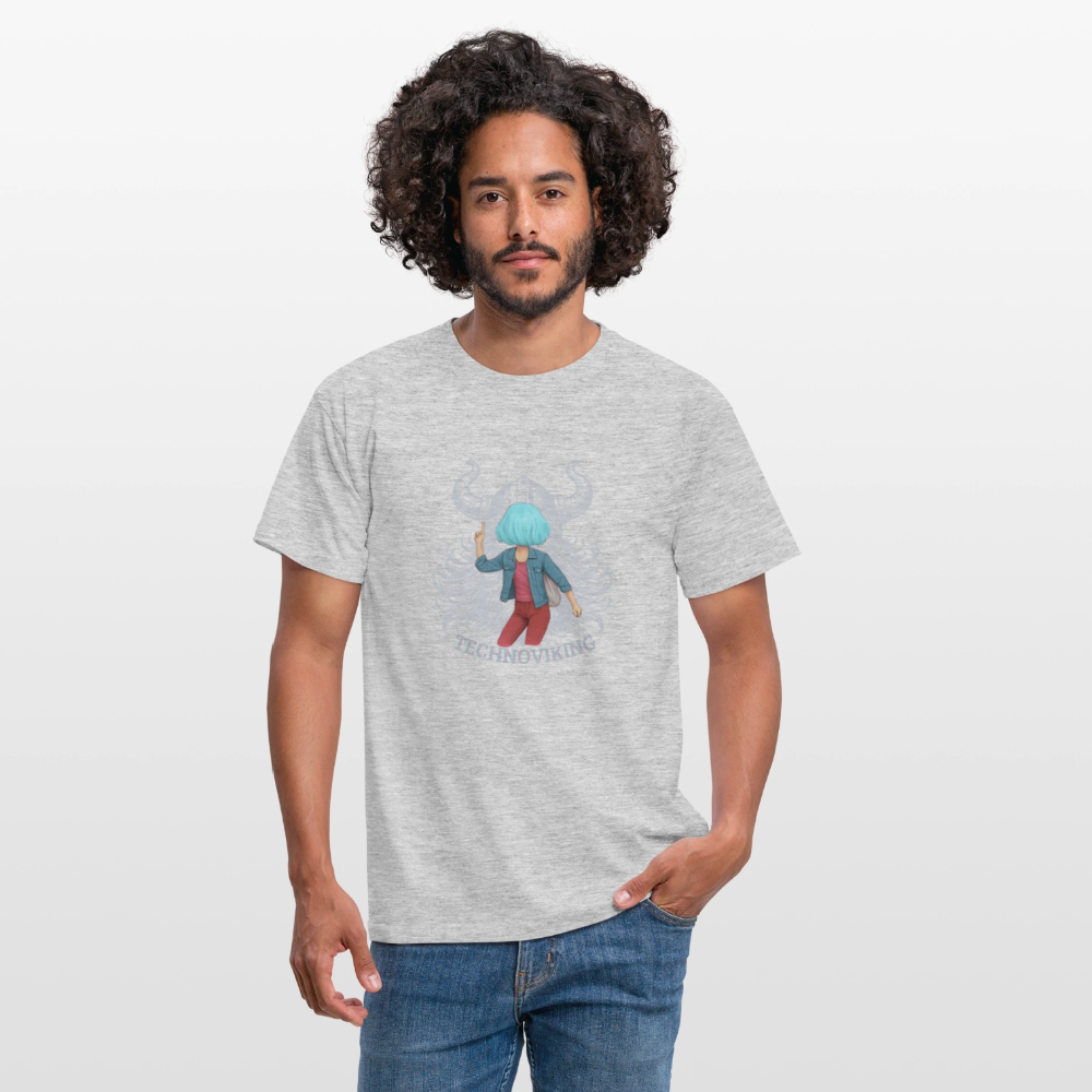 Technoviking protects blue haired girl - Männer T-Shirt - Grau meliert