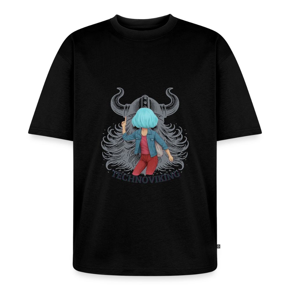 Technoviking protects blue haired girl - Unisex Oversized Bio T-Shirt - Schwarz