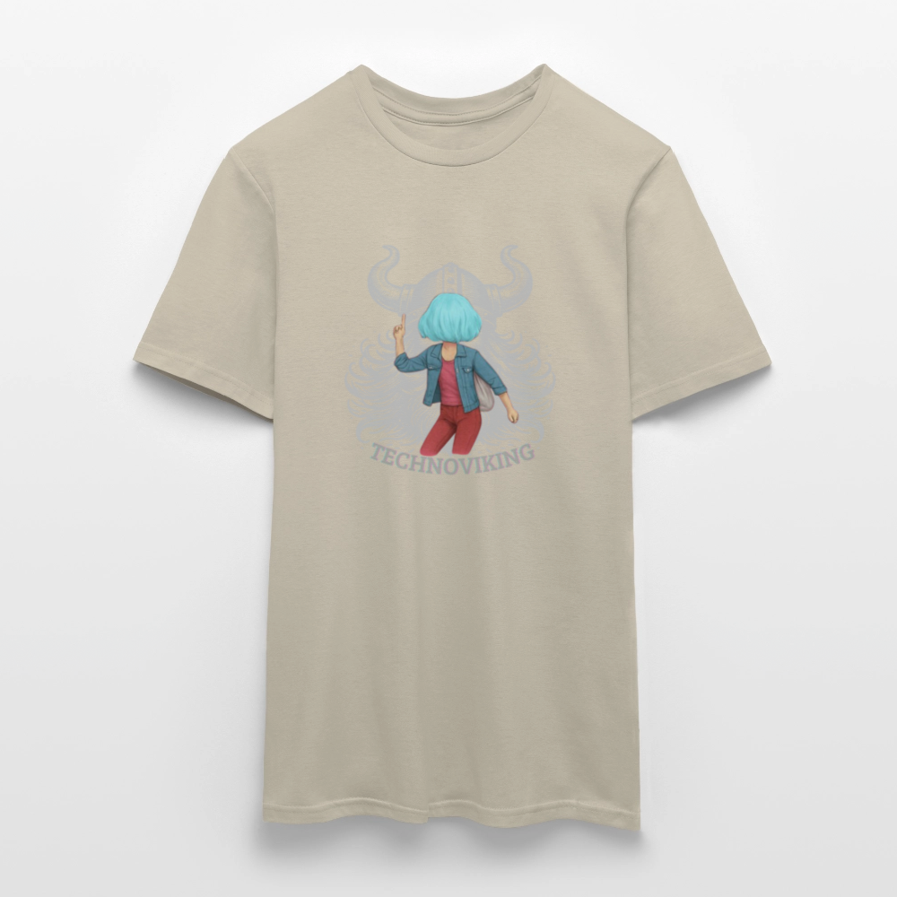 Technoviking protects blue haired girl - Männer T-Shirt - Sandbeige