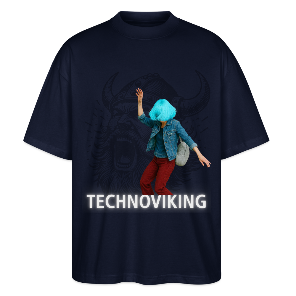 Technoviking protects blue haired girl - Stanley/Stella Oversized Unisex Bio T-Shirt Blaster - Navy