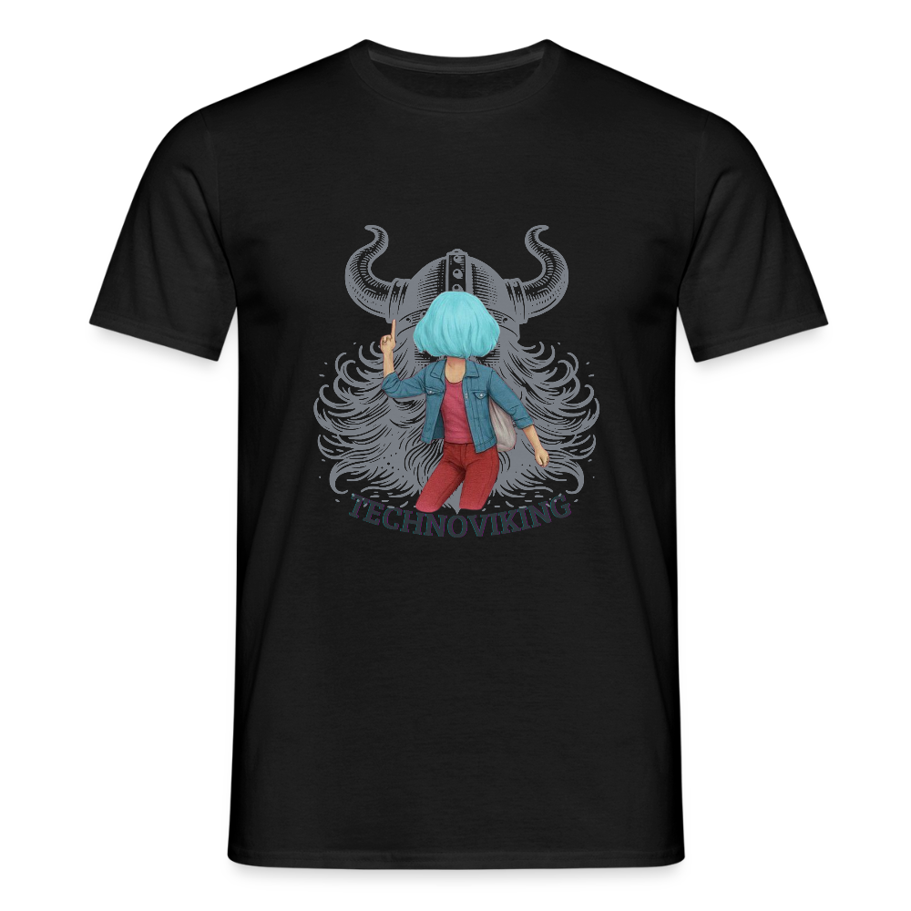 Technoviking protects blue haired girl - Männer T-Shirt - Schwarz