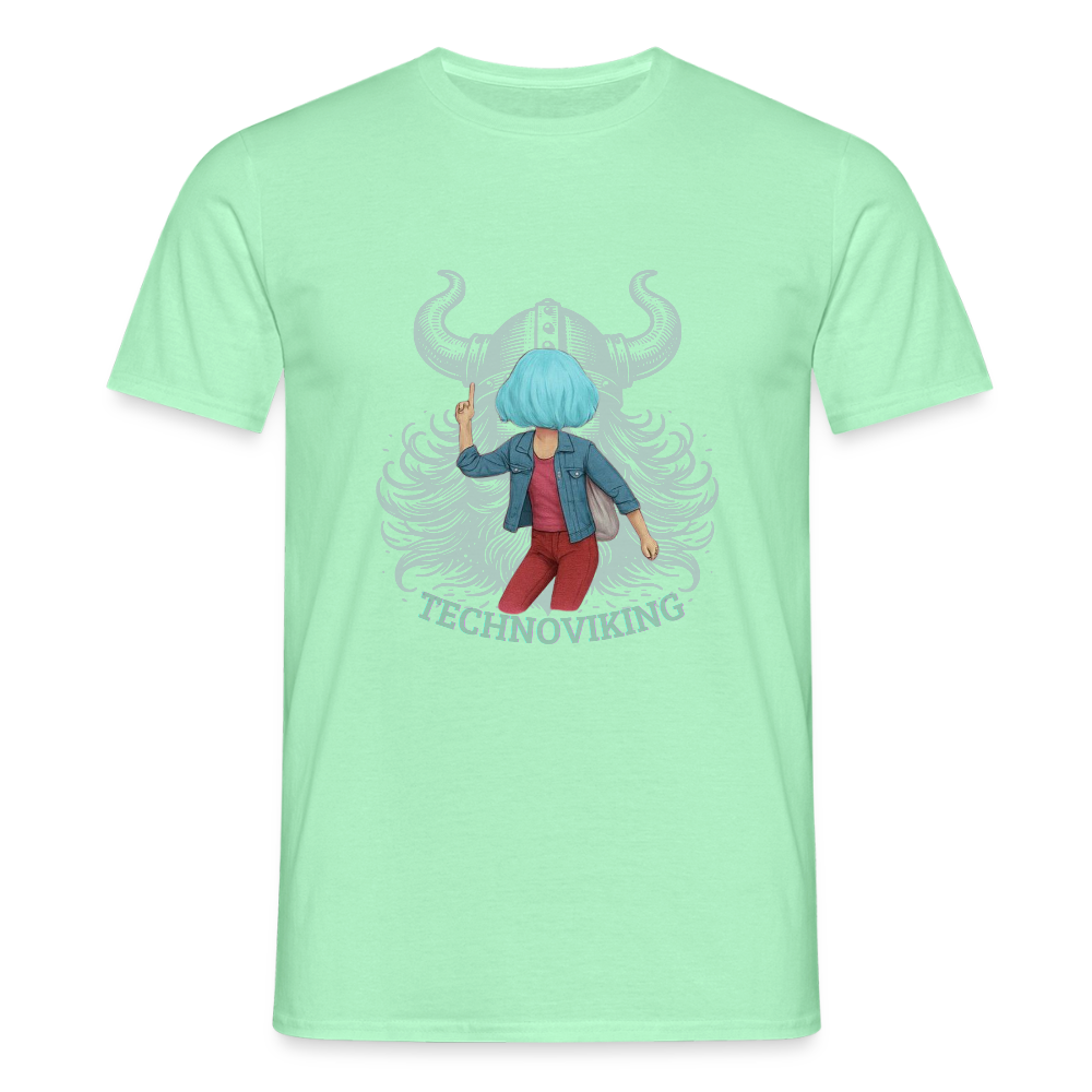 Technoviking protects blue haired girl - Männer T-Shirt - Mintgrün
