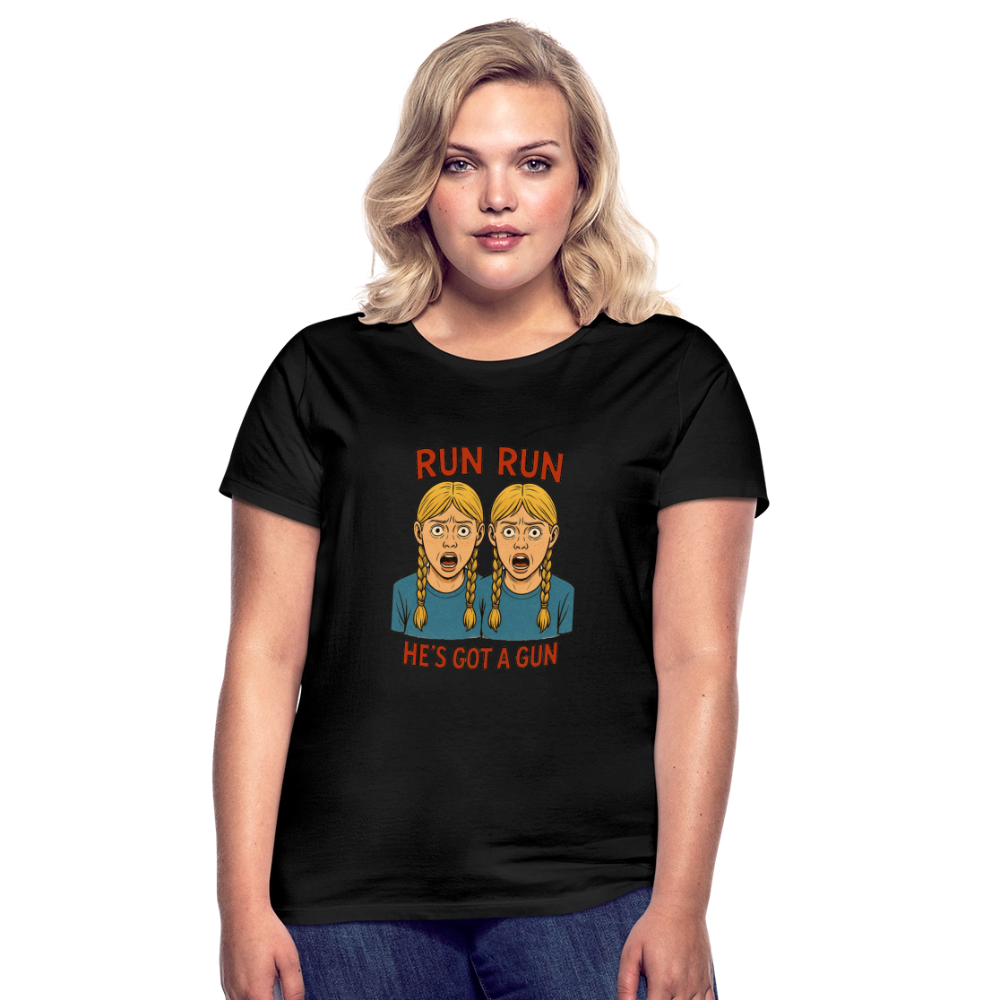 Zwillinge - run he´s got a gun - Frauen T-Shirt - Schwarz