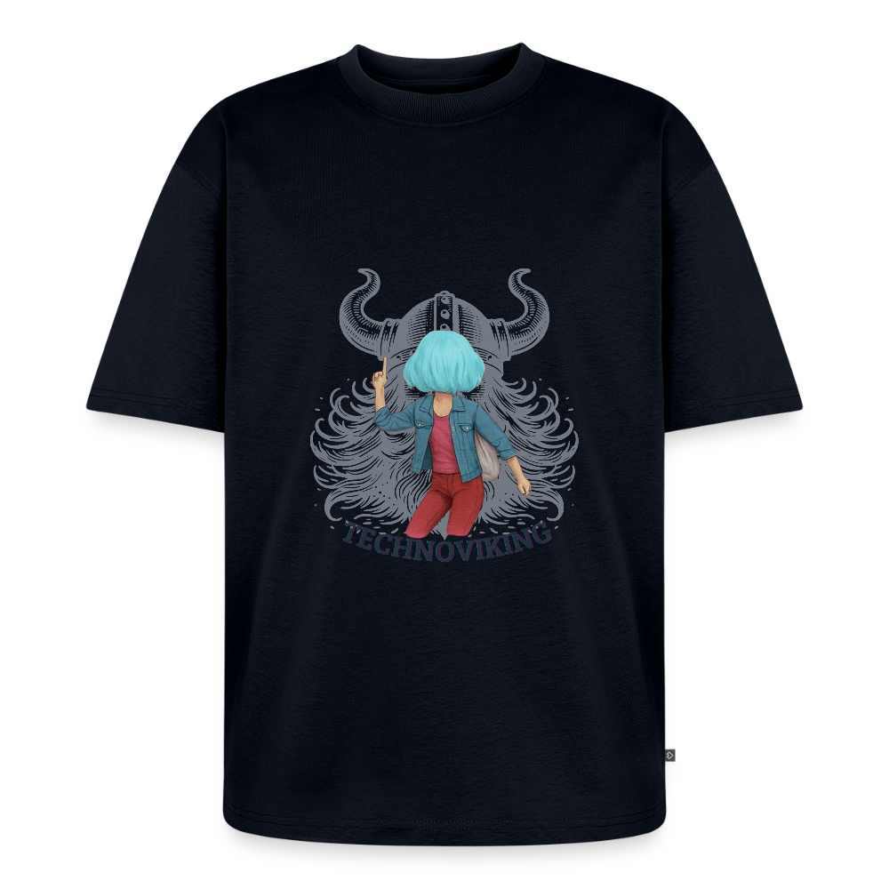 Technoviking protects blue haired girl - Unisex Oversized Bio T-Shirt - Navy