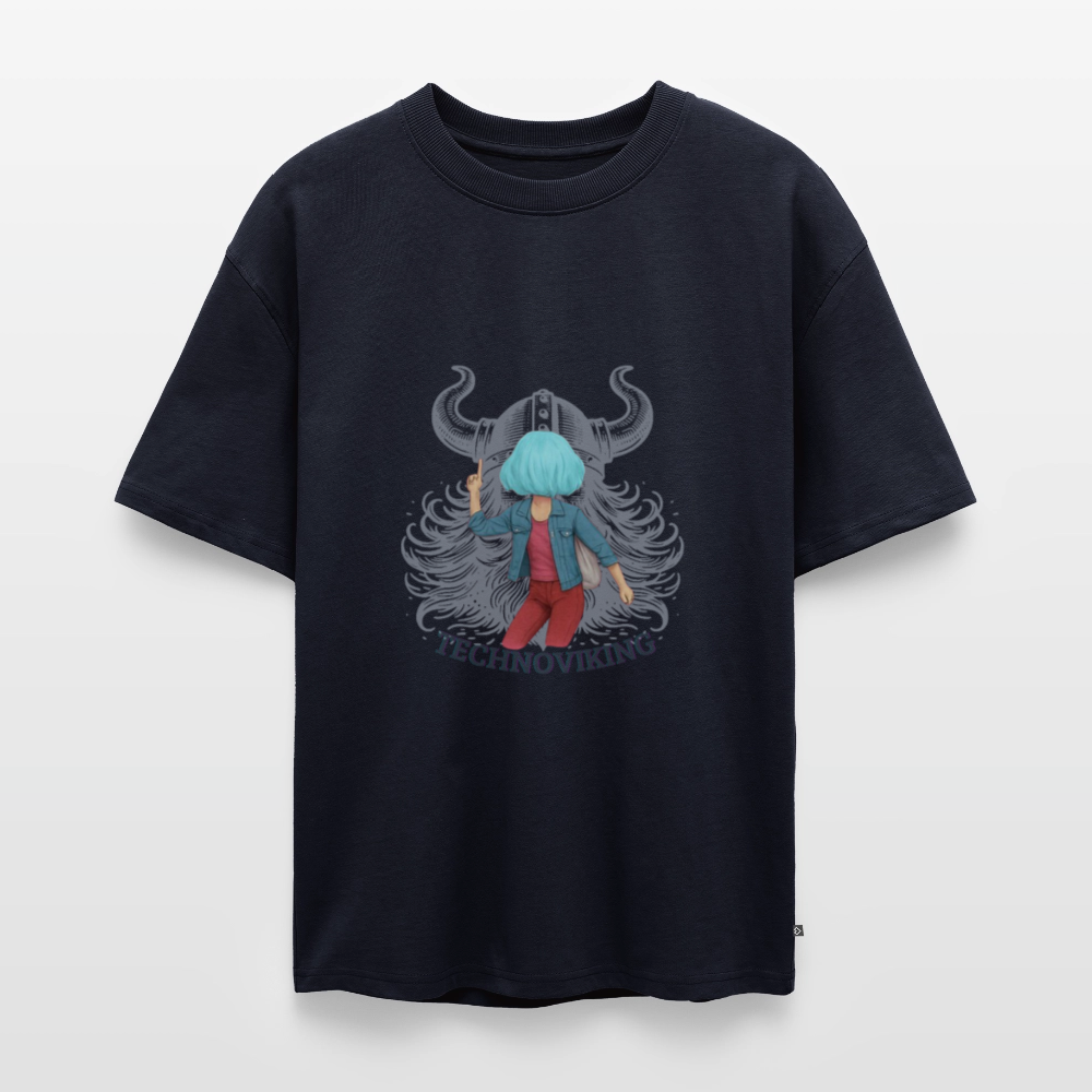 Technoviking protects blue haired girl - Unisex Oversized Bio T-Shirt - Navy