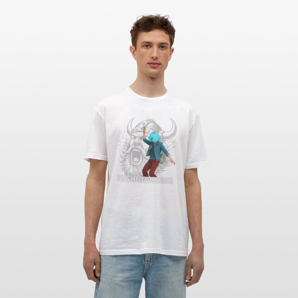 Technoviking protects blue haired girl - Männer T-Shirt - Weiß