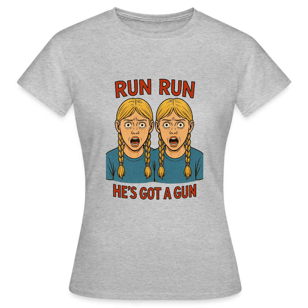 Zwillinge - run he´s got a gun - Frauen T-Shirt - Grau meliert