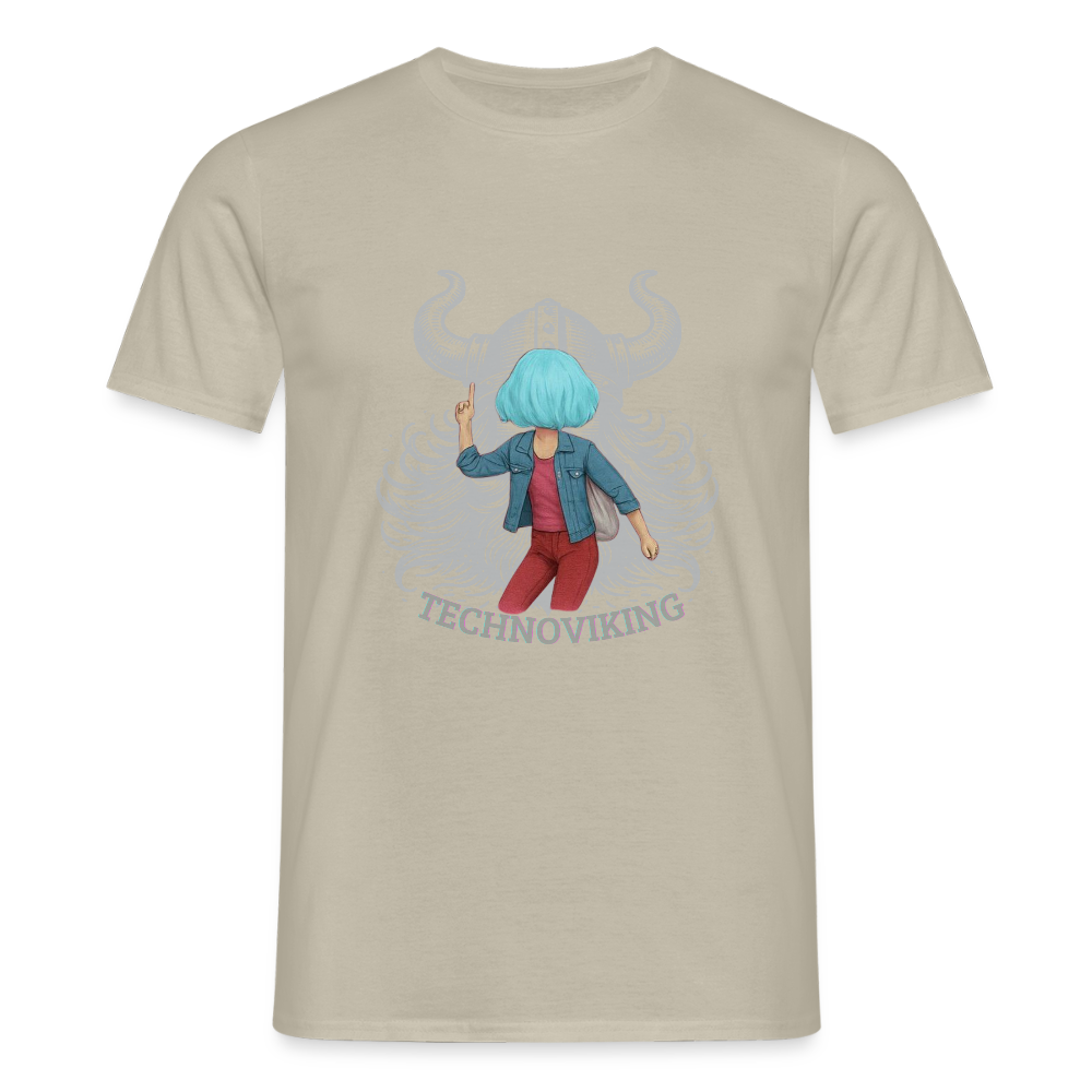 Technoviking protects blue haired girl - Männer T-Shirt - Sandbeige
