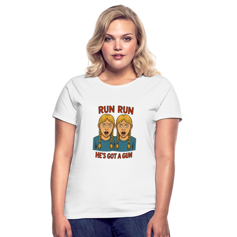 Zwillinge - run he´s got a gun - Frauen T-Shirt - Weiß