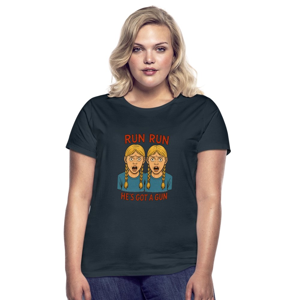 Zwillinge - run he´s got a gun - Frauen T-Shirt - Navy