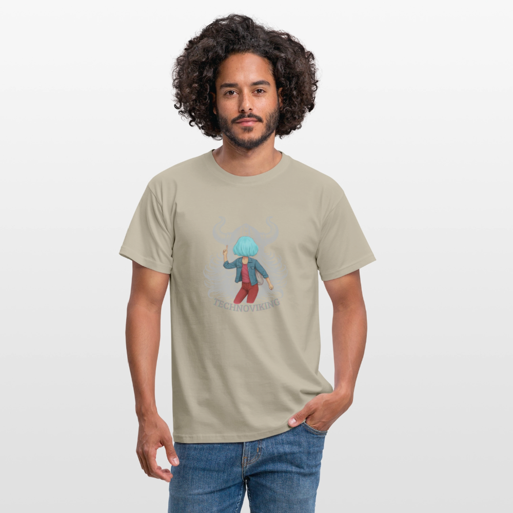 Technoviking protects blue haired girl - Männer T-Shirt - Sandbeige