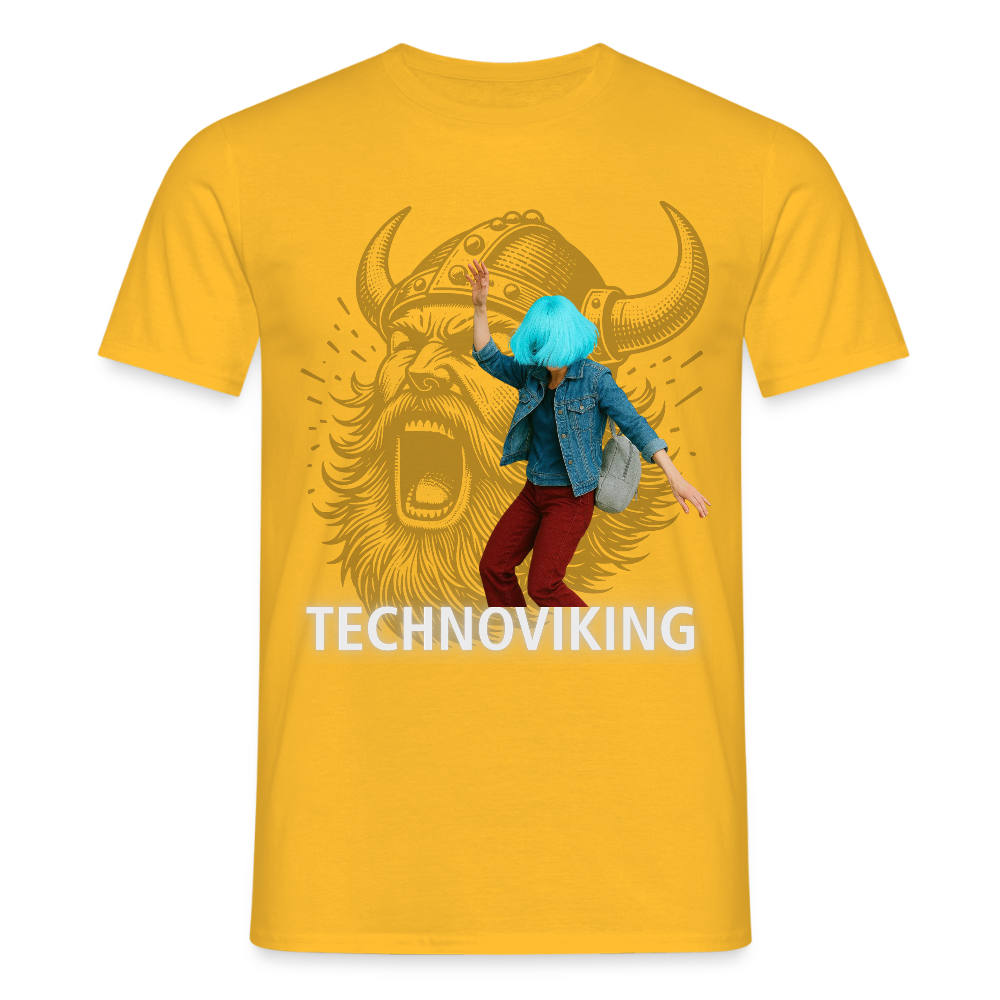 Technoviking protects blue haired girl - Männer T-Shirt - Gelb